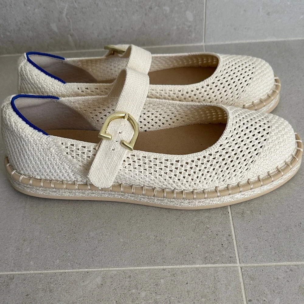 Rothy's Cream Knit Espadrille Mary Jane Flats with Gold Buckles
